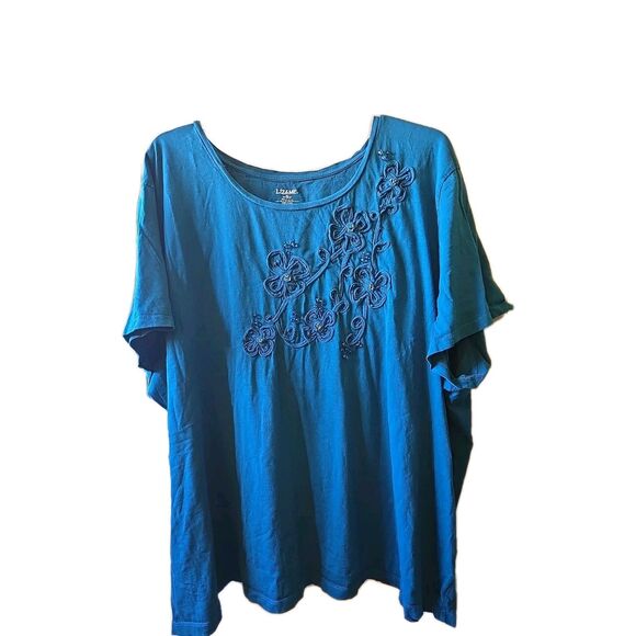 Liz & Me Women’s 5X 34-36 W Turquoise Short Sleeve Top Embroidered Beads Plus - Picture 1 of 8